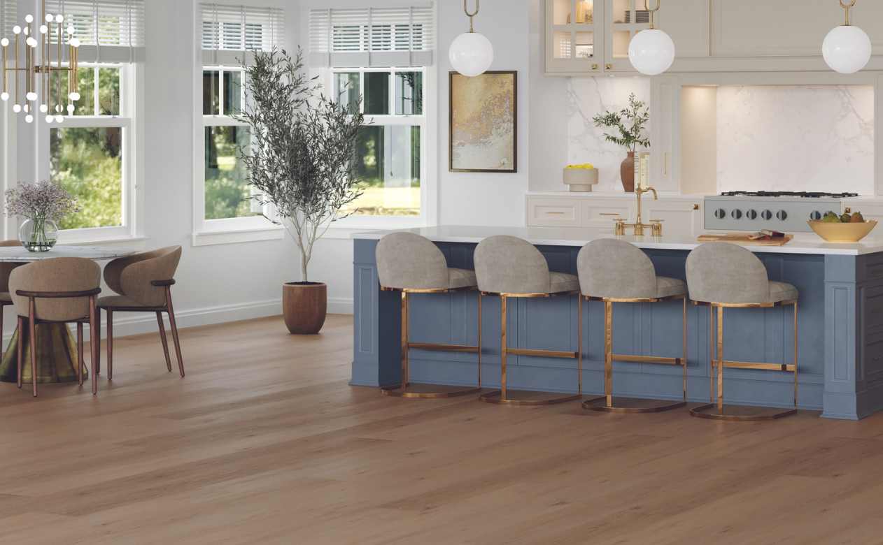 luxury vinyl in kitchen with blue kitchen island and marble backsplash