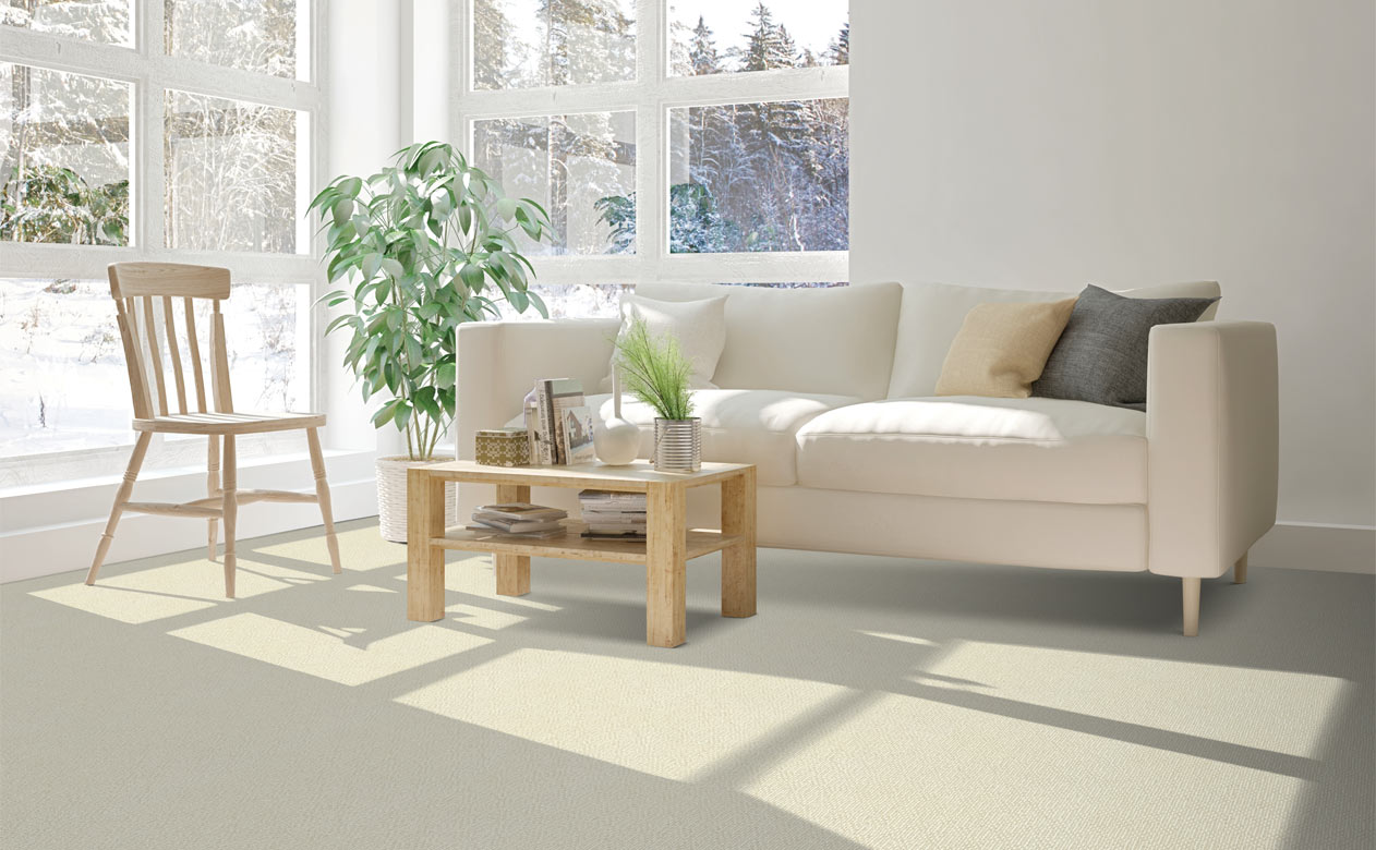 cream carpet in living room with white couch and wood coffee table