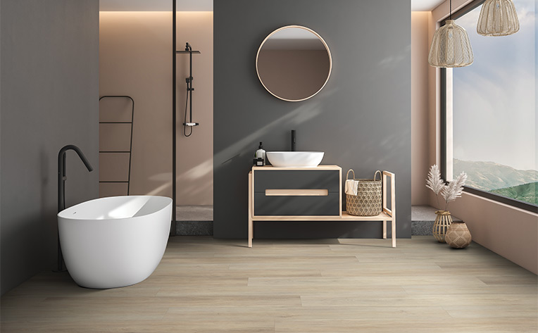 luxury vinyl plank flooring in minimalist bathroom
